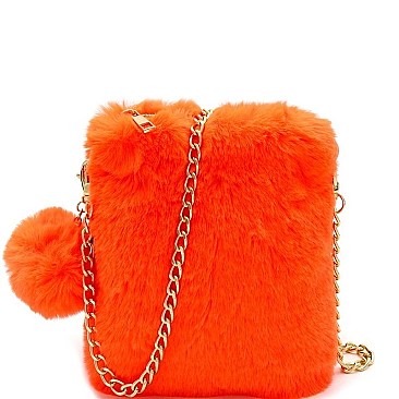 FAUX FUR POM POM ACCENT CELLPHONE HOLDER CROSS BODY