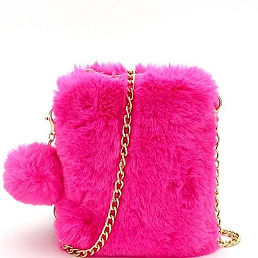FAUX FUR POM POM ACCENT CELLPHONE HOLDER CROSS BODY