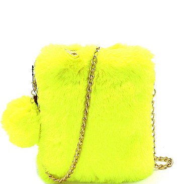 FAUX FUR POM POM ACCENT CELLPHONE HOLDER CROSS BODY