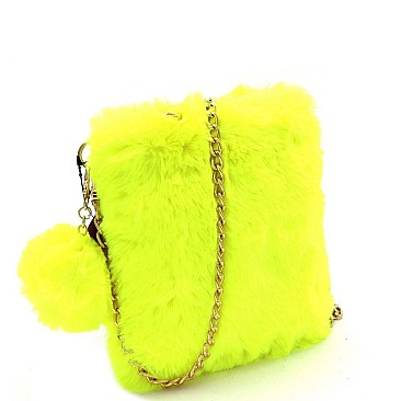 FAUX FUR POM POM ACCENT CELLPHONE HOLDER CROSS BODY