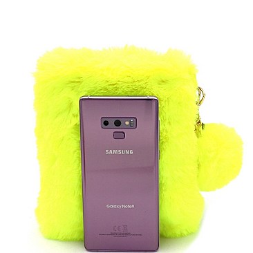 FAUX FUR POM POM ACCENT CELLPHONE HOLDER CROSS BODY