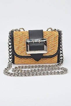 Cross Chain Body Strap Straw And Leather Clutch