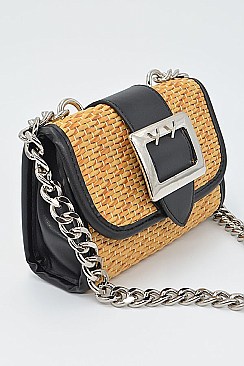 Cross Chain Body Strap Straw And Leather Clutch