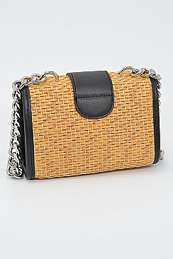 Cross Chain Body Strap Straw And Leather Clutch