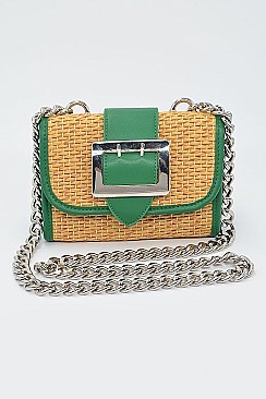 Cross Chain Body Strap Straw And Leather Clutch