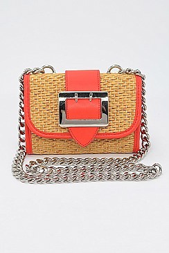 Cross Chain Body Strap Straw And Leather Clutch