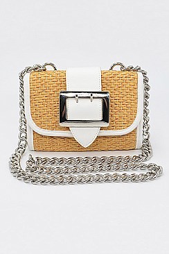 Cross Chain Body Strap Straw And Leather Clutch