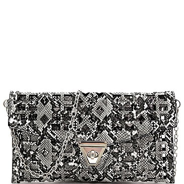 2 in 1 Snake Print Laser-cut Turn-Lock Clutch with Chain Strap