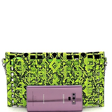 2 in 1 Snake Print Laser-cut Turn-Lock Clutch with Chain Strap