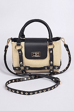 Leather Studded Strap Straw Body Clutch.