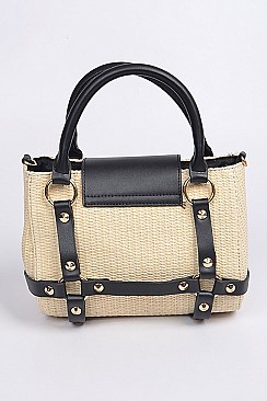 Leather Studded Strap Straw Body Clutch.