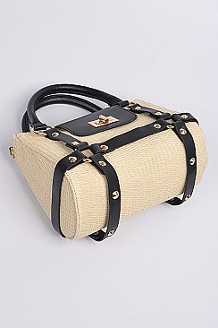 Leather Studded Strap Straw Body Clutch.