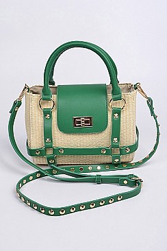 Leather Studded Strap Straw Body Clutch.
