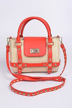 Leather Studded Strap Straw Body Clutch.