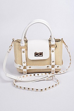 Leather Studded Strap Straw Body Clutch.