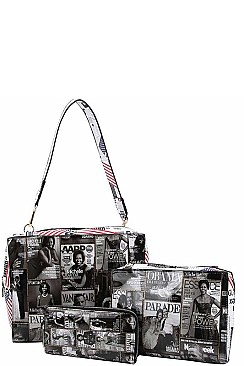 3IN1 STYLISH FAMOUS PEOPLE MAGAZINE SQUARE SATCHEL SET JYPQ-028-1W