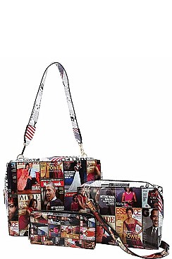 3IN1 STYLISH FAMOUS PEOPLE MAGAZINE SQUARE SATCHEL SET JYPQ-028-1W