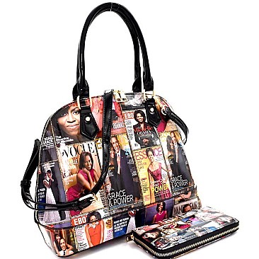 Magazine Print Patent Dome Satchel Wallet SET MH-PQ0051W