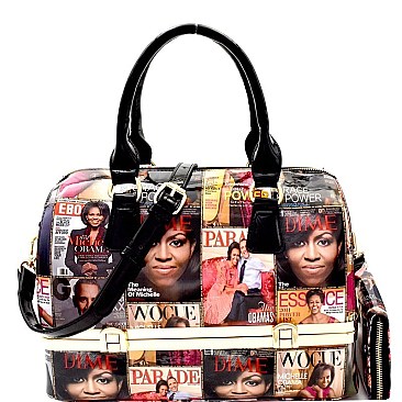 Obama Magazine Print Bottom Compartment Satchel Wallet SET