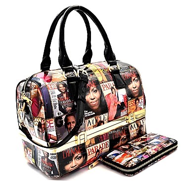 Obama Magazine Print Bottom Compartment Satchel Wallet SET