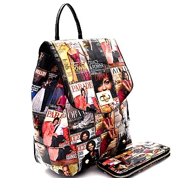 Magazine Print Patent Fashion Backpack Wallet SET MH-PQ0091W
