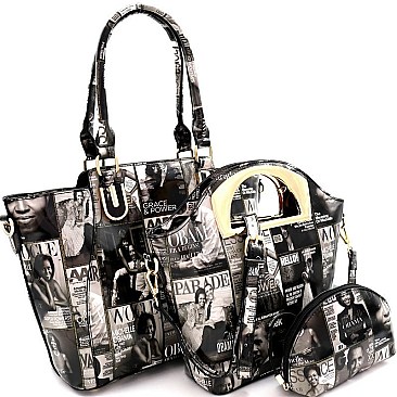 Magazine Print Patent 3 in 1 Handle Satchel Tote Set