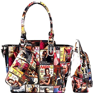 Magazine Print Patent 3 in 1 Handle Satchel Tote Set