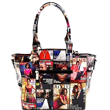 Magazine Print Patent 3 in 1 Handle Satchel Tote Set