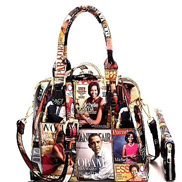 Obama Magazine Print Jewel-Top Satchel Wallet SET MH-PQ0251W