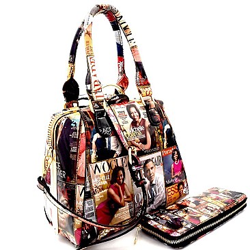 Obama Magazine Print Jewel-Top Satchel Wallet SET MH-PQ0251W