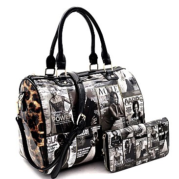 MAGAZINE PRINT LEOPARD SIDE BOSTON SATCHEL SET