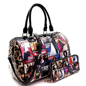 MAGAZINE PRINT LEOPARD SIDE BOSTON SATCHEL SET