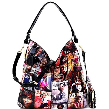 2-Way Magazine Print Patent Hobo Wallet SET