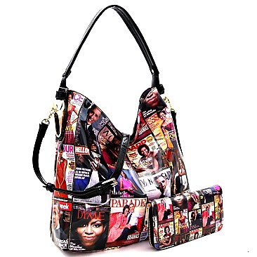 2-Way Magazine Print Patent Hobo Wallet SET