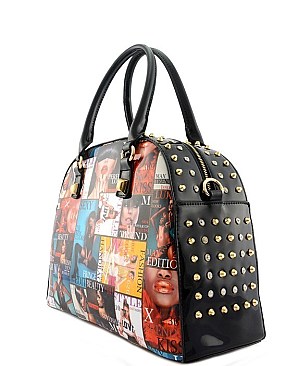 FASHION MAGAZINE PRINT RHINESTONE STUD ROUND TOTE