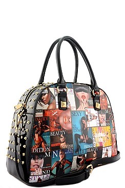 FASHION MAGAZINE PRINT RHINESTONE STUD ROUND TOTE