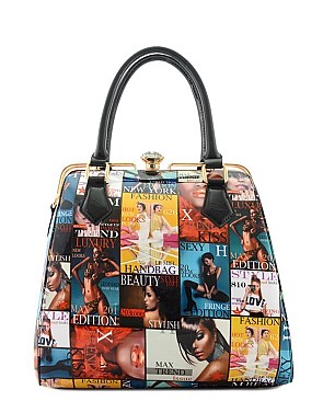 MAGAZINE PRINT DIAMOND-TOP & METAL FRAME PURSE