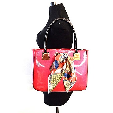 Celebrity Scarfed Accent Patent Tote