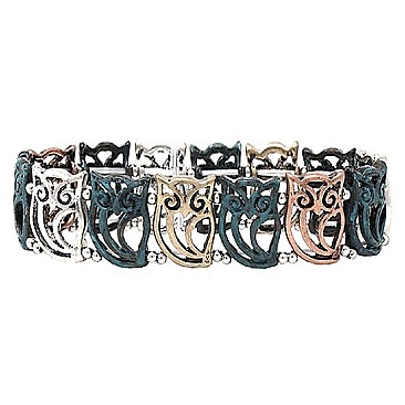 Elegant Rhinestone Embellished Metal Owl Charm Elastic Bracelet MH-QB7654