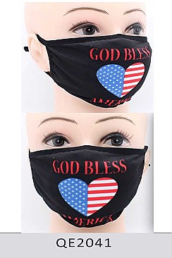 PACK OF 12 	GOD BLESS AMERICA HEART FLAG PRINT MASK