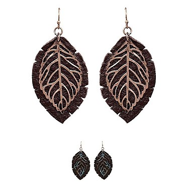 Trendy Metal Filigree Layer Leather Leaf Earrings MH-QE4502