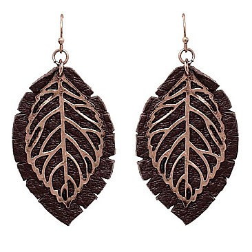 Trendy Metal Filigree Layer Leather Leaf Earrings MH-QE4502