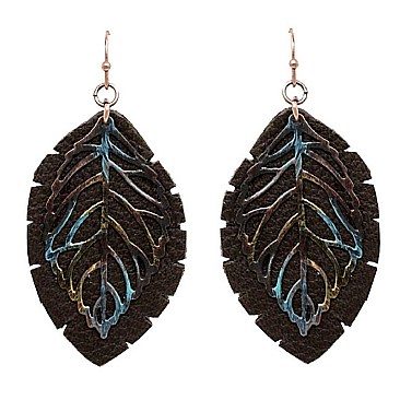 Trendy Metal Filigree Layer Leather Leaf Earrings MH-QE4502