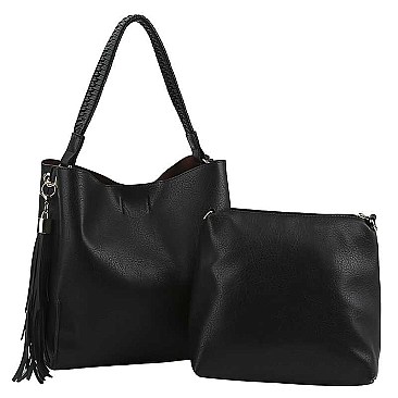 2IN1 STYLISH PLAIN TASSEL PIECE HOBO BAG WITH MINI BAG SET