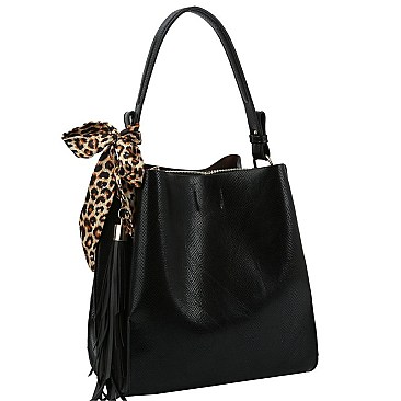 3-Compartment 2-Way  Leopard Scarf Tassel Accent Hobo