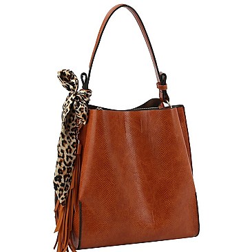 3-Compartment 2-Way  Leopard Scarf Tassel Accent Hobo