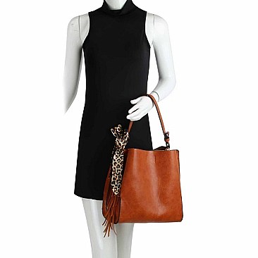 3-Compartment 2-Way  Leopard Scarf Tassel Accent Hobo