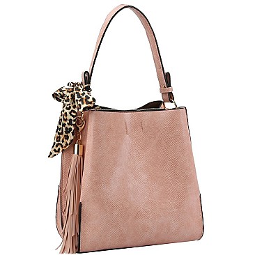 3-Compartment 2-Way  Leopard Scarf Tassel Accent Hobo