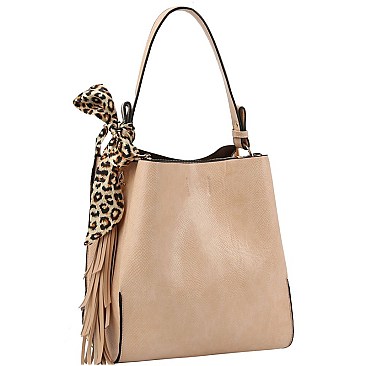 3-Compartment 2-Way  Leopard Scarf Tassel Accent Hobo