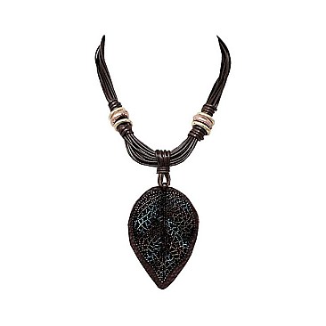 Tribal Metal Filigree Layer Leather Leaf Necklace MH-QNE14125